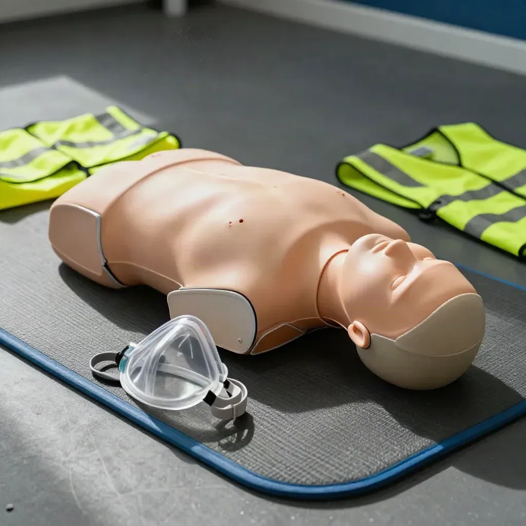 Torso CPR, maschera trainer, gilet alta visibilità e cavo arrotolato su pavimento palestra