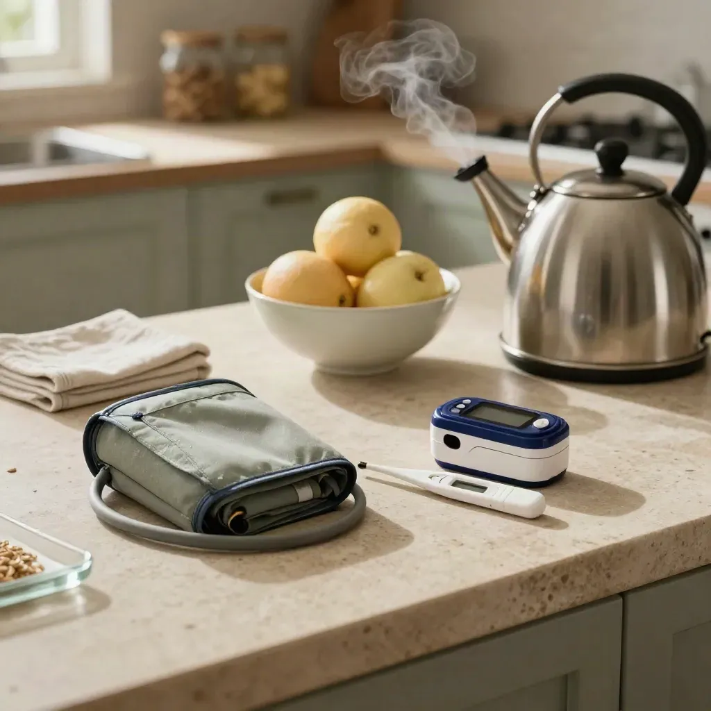Kit screening familiare in cucina con bracciale pressione, ossimetro, termometro e agrumi.