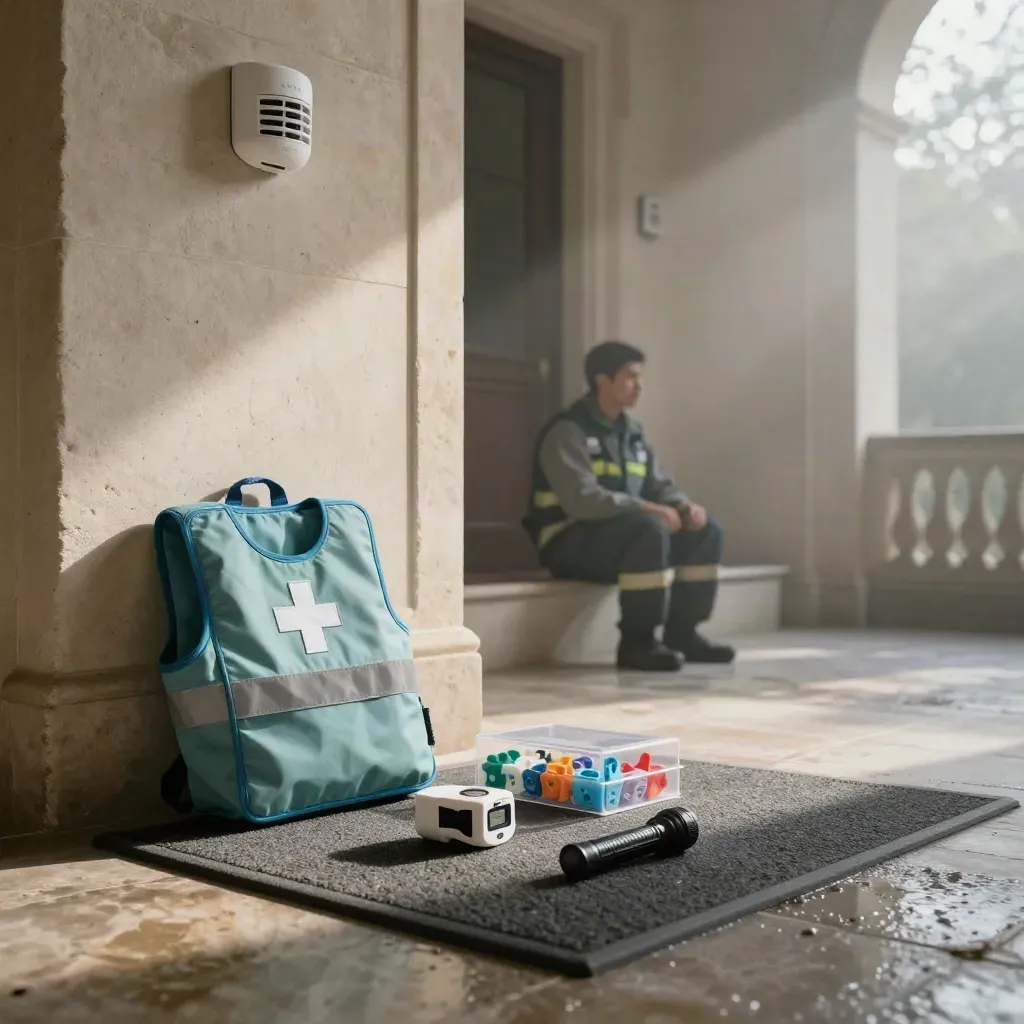 Studio di prevenzione in ingresso con kit primo soccorso, rilevatore fumo e luce del mattino.