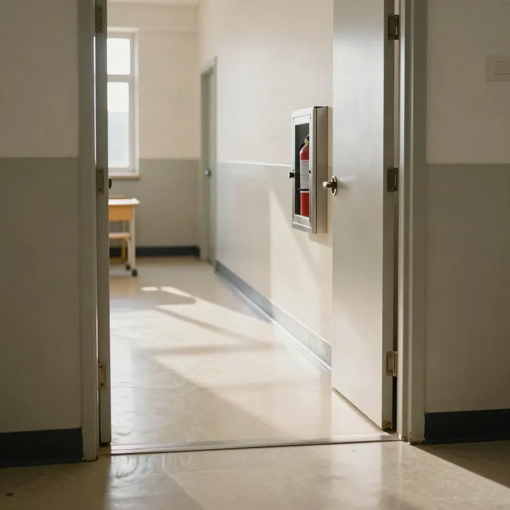 Ingresso di scuola primaria più sicura con protezioni sulle porte, estintore e percorso libero.