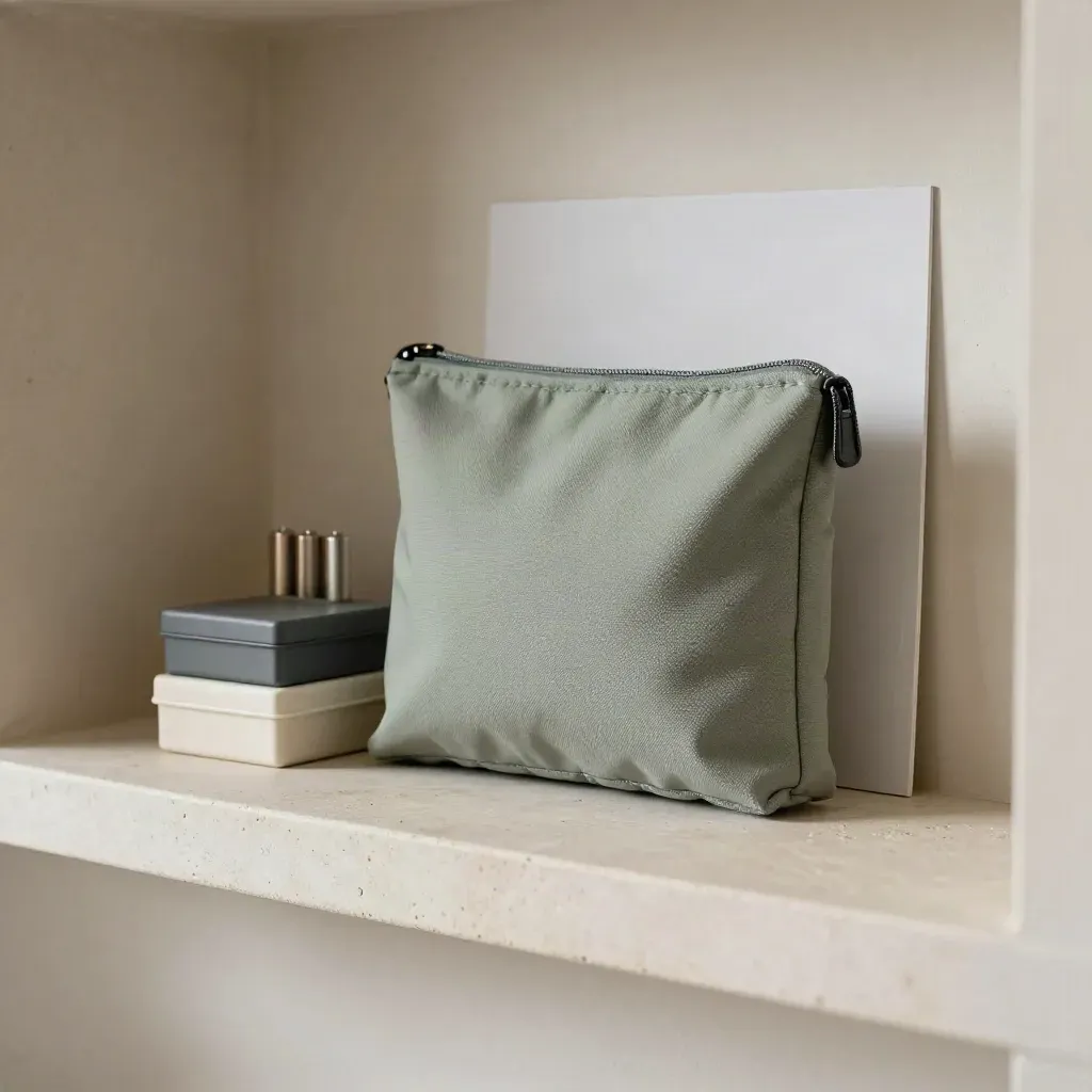 Sacca emergenza, box ordinati, batterie e striscia magnetica su mensola in gesso.