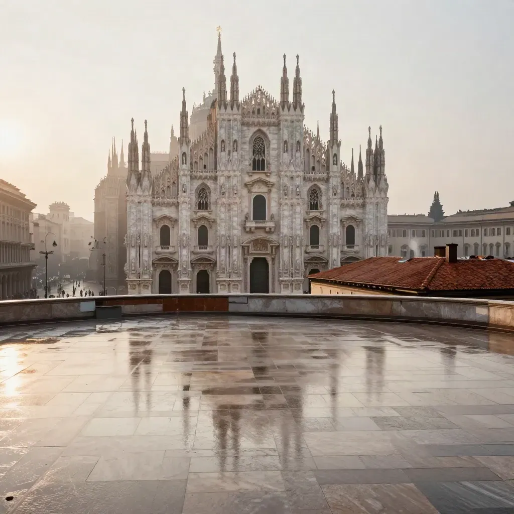 Piazza di Milano bagnata all’alba, Duomo alto tra i tetti in una luce calda e velata.