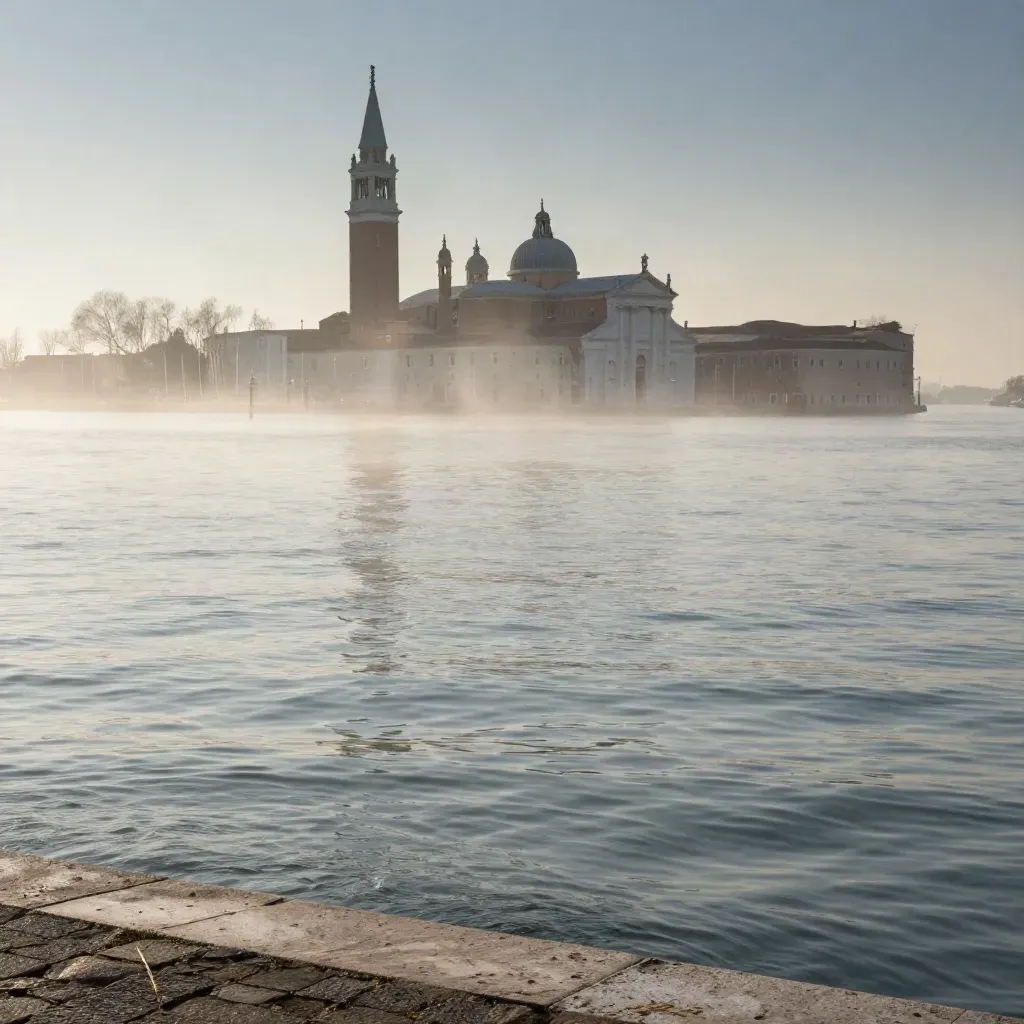 Laguna di Venezia all’alba blu con San Giorgio in lontananza e acqua calma avvolta dalla nebbia