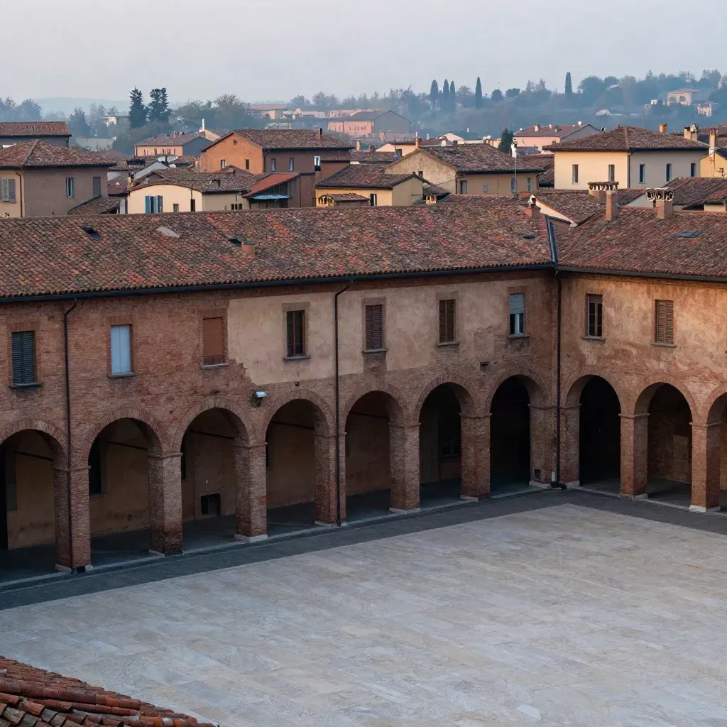 Veduta di Bologna con portici e tetti rossi sopra una calma superficie di pietra chiara.